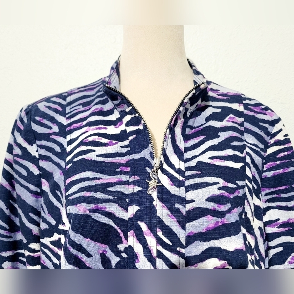 Susan Graver Women’s Zip Front Jacket Size Medium Zebra Print Purple Navy Lined - Picture 5 of 16